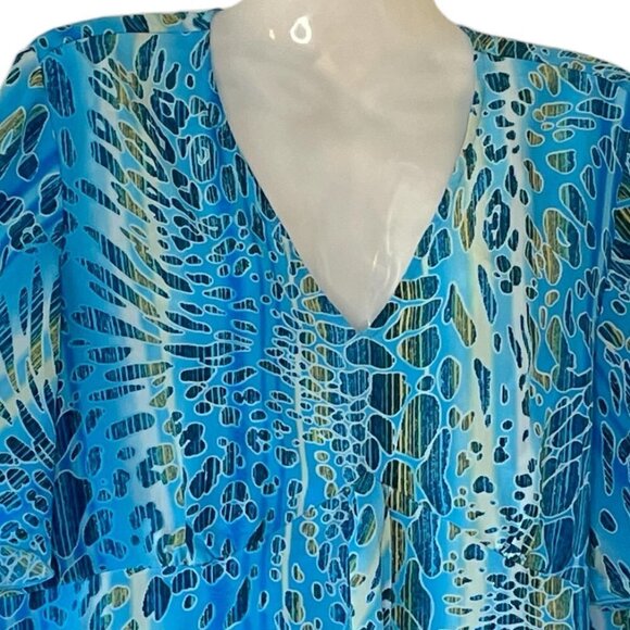 Diane Gilman NEW Silk Blouse Peacock Blue and Green V-Neck with Flutter Sleeve - Picture 2 of 9